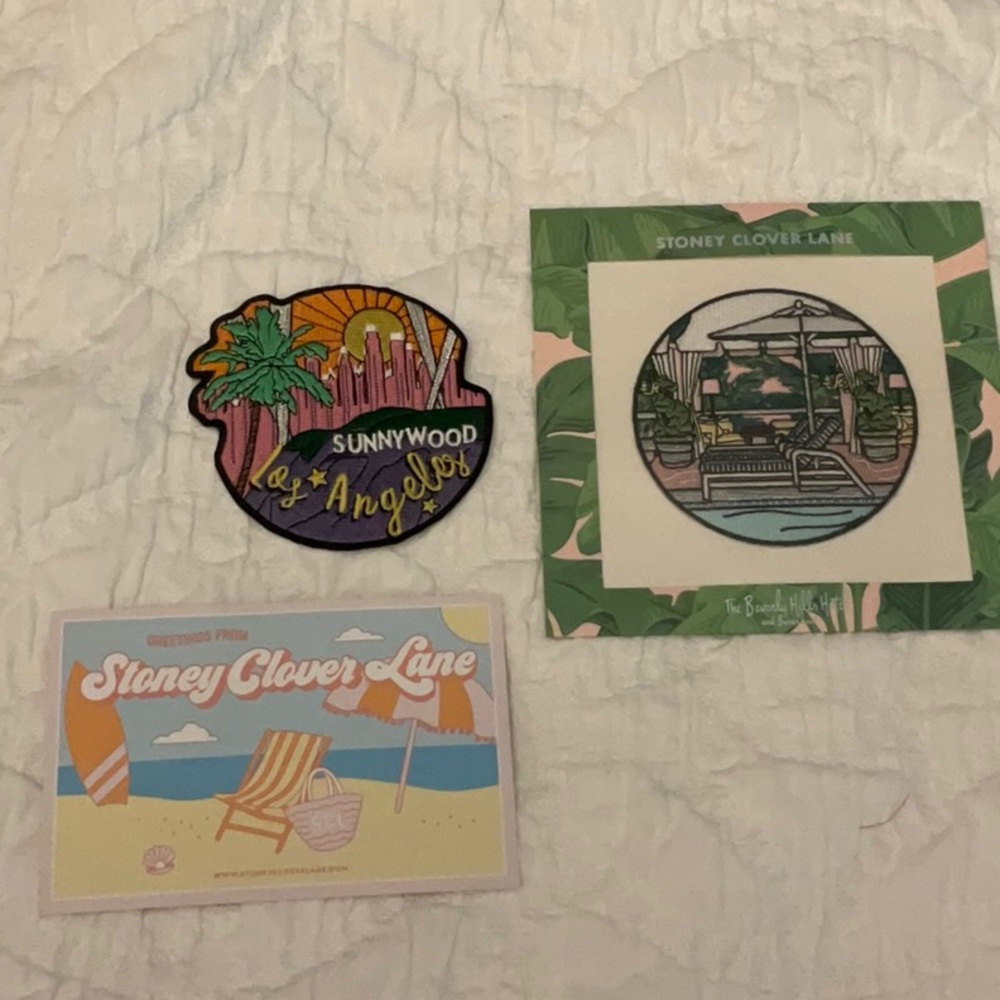 2 Stoney clover lane patches and a post card